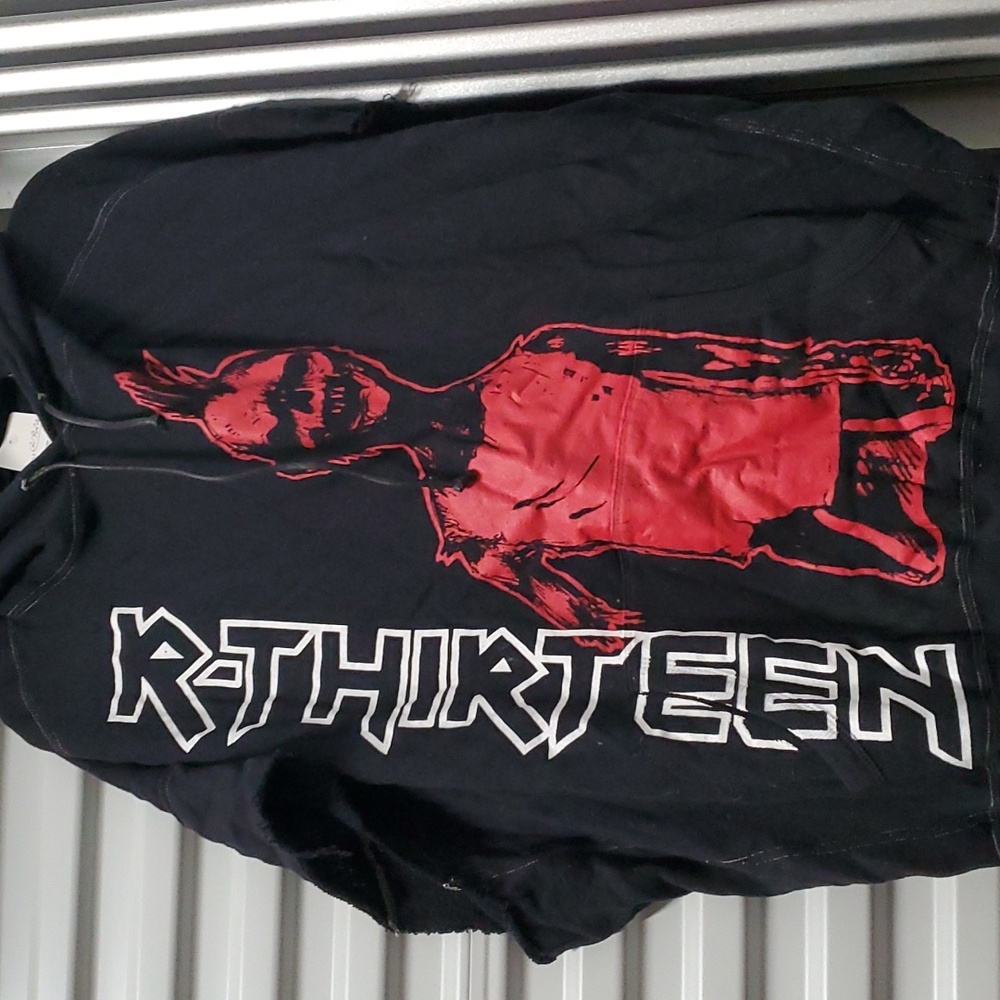 Sz M Oversized NWT $795 R13 Black and Red Graphic Hoodie with Raw Edge Armholes